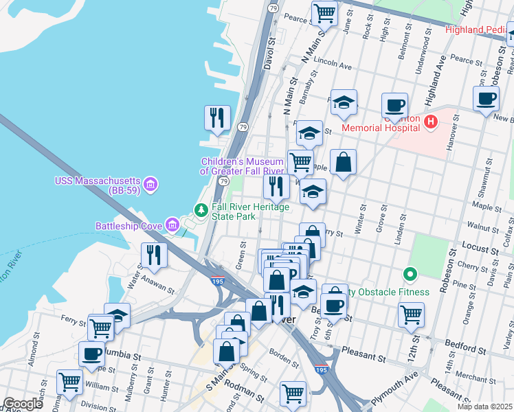 map of restaurants, bars, coffee shops, grocery stores, and more near 94 Cherry Street in Fall River