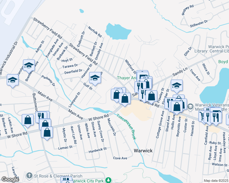 map of restaurants, bars, coffee shops, grocery stores, and more near 49 Elmore Street in Warwick