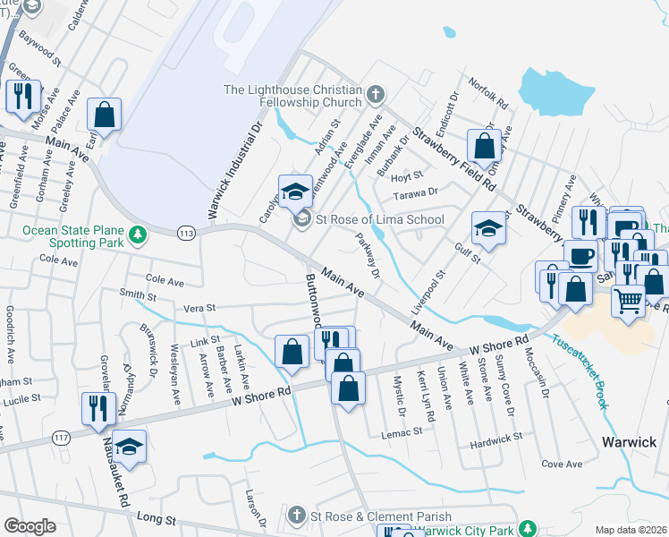 map of restaurants, bars, coffee shops, grocery stores, and more near 191 Main Avenue in Warwick