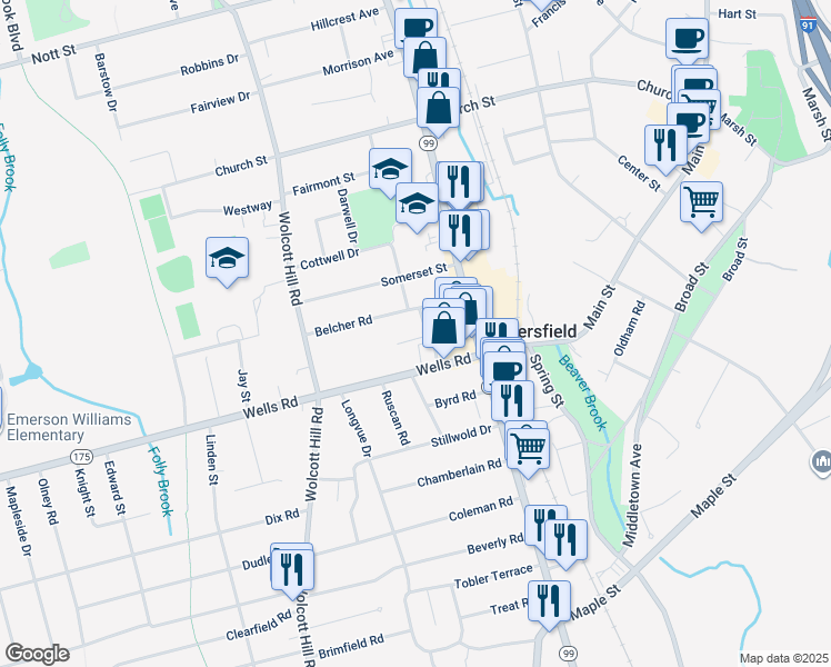 map of restaurants, bars, coffee shops, grocery stores, and more near 22 Emerson Street in Wethersfield