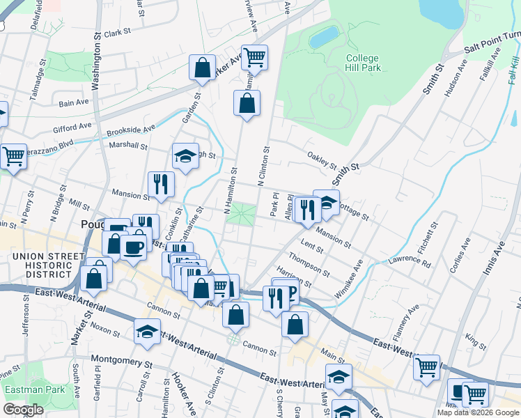 map of restaurants, bars, coffee shops, grocery stores, and more near 201 Mansion Street in Poughkeepsie