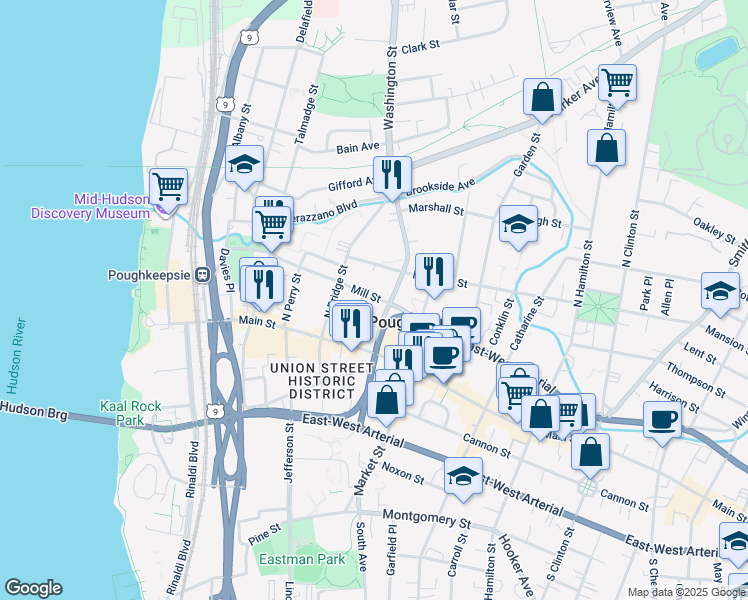 map of restaurants, bars, coffee shops, grocery stores, and more near 5 Lafayette Place in Poughkeepsie