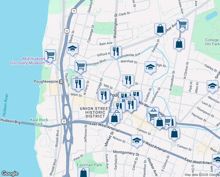 map of restaurants, bars, coffee shops, grocery stores, and more near 5 Lafayette Place in Poughkeepsie