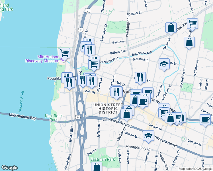 map of restaurants, bars, coffee shops, grocery stores, and more near 135 Main Street in Poughkeepsie