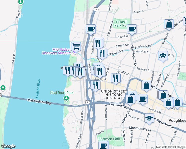 map of restaurants, bars, coffee shops, grocery stores, and more near 6 Davies Place in Poughkeepsie