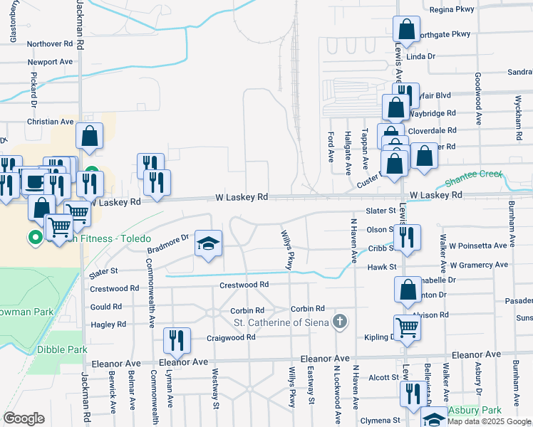 map of restaurants, bars, coffee shops, grocery stores, and more near 1270 Slater Street in Toledo