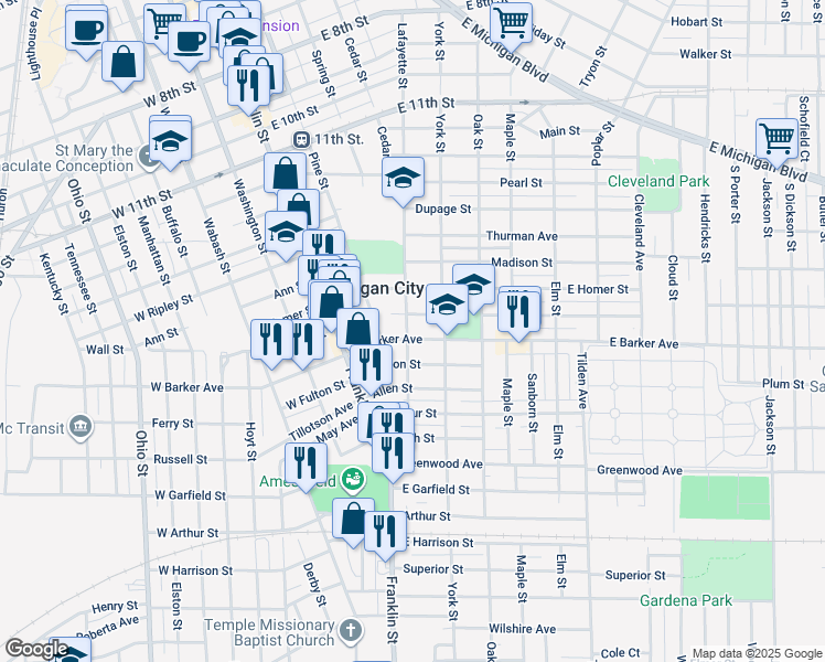 map of restaurants, bars, coffee shops, grocery stores, and more near 201 East Barker Avenue in Michigan City