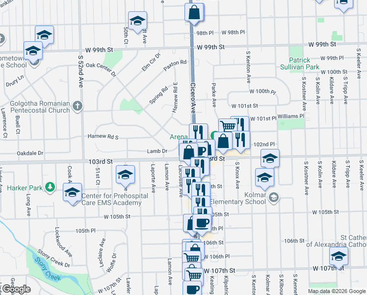 map of restaurants, bars, coffee shops, grocery stores, and more near 4831 Lamb Drive in Oak Lawn