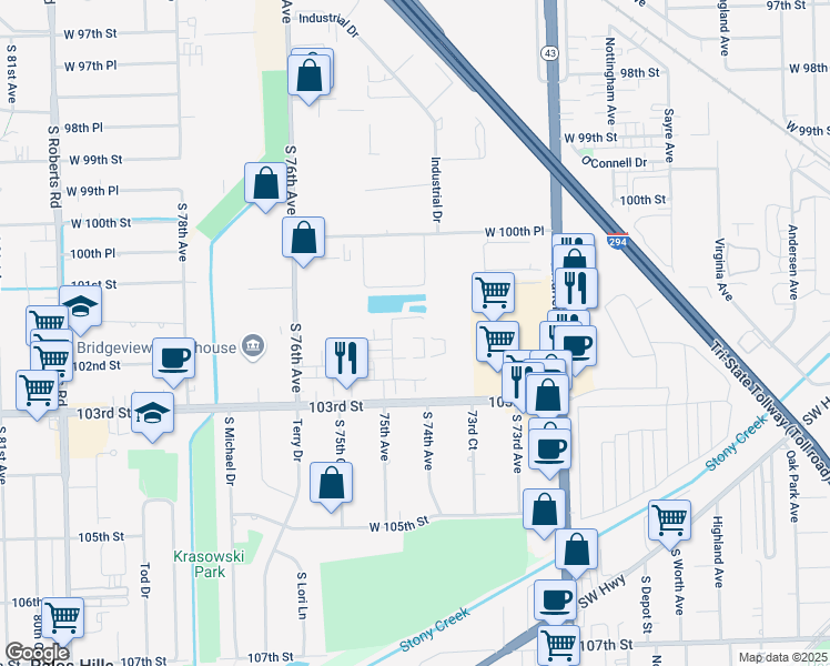 map of restaurants, bars, coffee shops, grocery stores, and more near 10215 Camden Lane in Bridgeview