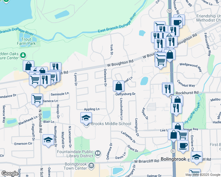 map of restaurants, bars, coffee shops, grocery stores, and more near 227 Gettysburg Drive in Bolingbrook