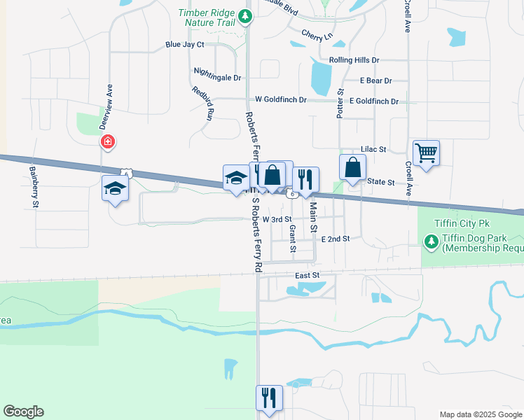 map of restaurants, bars, coffee shops, grocery stores, and more near 238-242 West 3rd Street in Tiffin