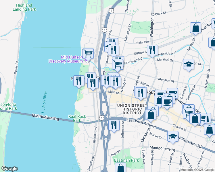 map of restaurants, bars, coffee shops, grocery stores, and more near 12 Davies Place in Poughkeepsie