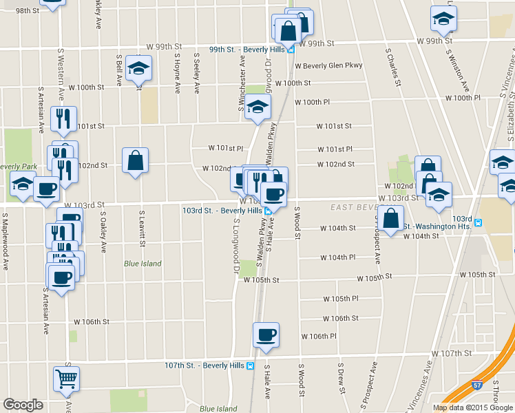 map of restaurants, bars, coffee shops, grocery stores, and more near 1907 W 103rd St in Chicago
