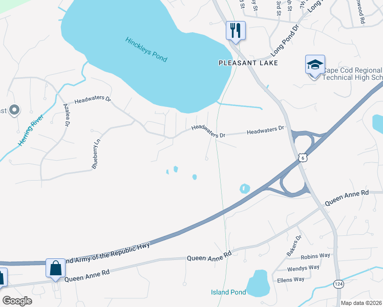 map of restaurants, bars, coffee shops, grocery stores, and more near 111 Headwaters Drive in Harwich