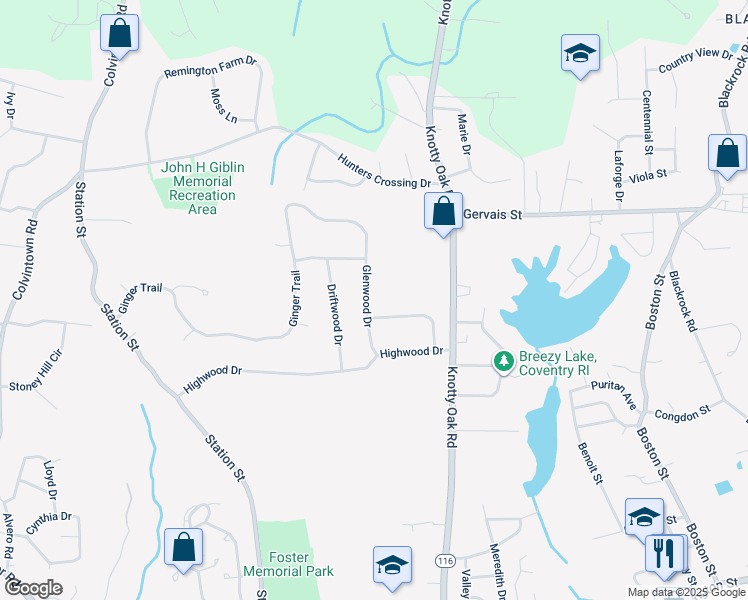map of restaurants, bars, coffee shops, grocery stores, and more near 17 Glenwood Drive in Coventry
