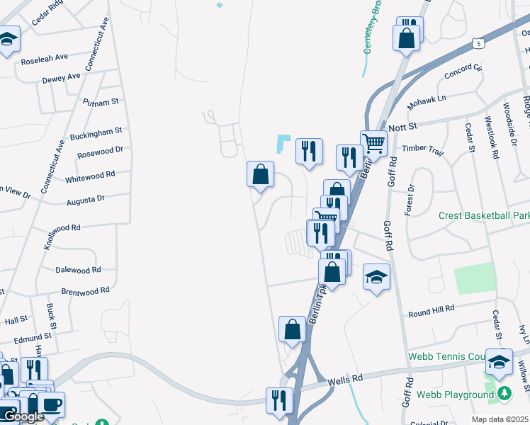 map of restaurants, bars, coffee shops, grocery stores, and more near 18 Tinsmith Crossing in Wethersfield