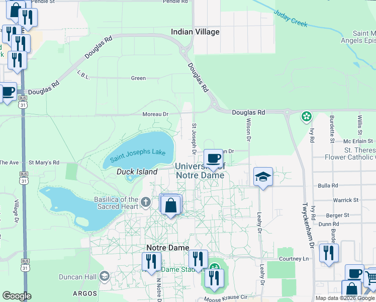 map of restaurants, bars, coffee shops, grocery stores, and more near 54119 Saint Joseph Drive in Roseland