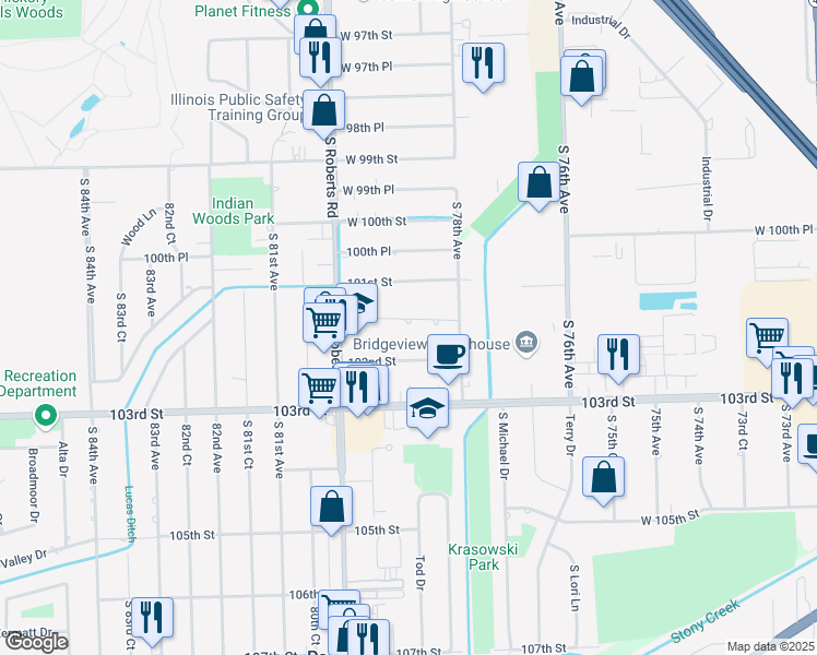 map of restaurants, bars, coffee shops, grocery stores, and more near 7859 101st Place in Palos Hills