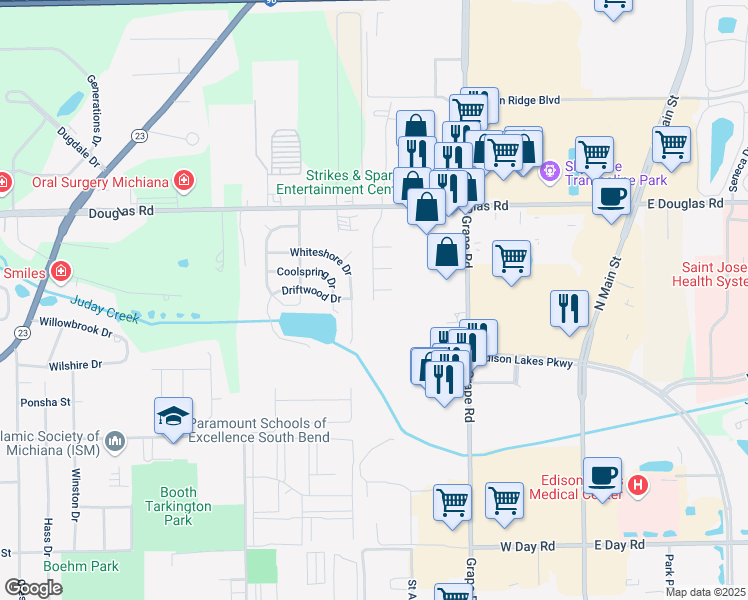 map of restaurants, bars, coffee shops, grocery stores, and more near 5000 Jenny Lane in Mishawaka