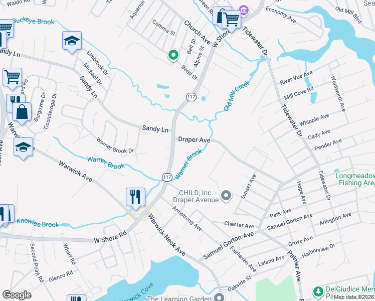 map of restaurants, bars, coffee shops, grocery stores, and more near 1540 West Shore Road in Warwick