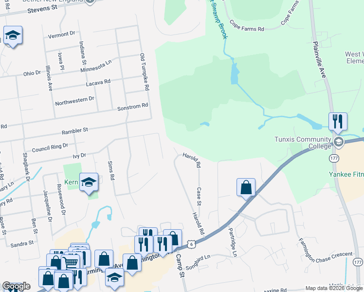 map of restaurants, bars, coffee shops, grocery stores, and more near 77 Harold Road in Farmington