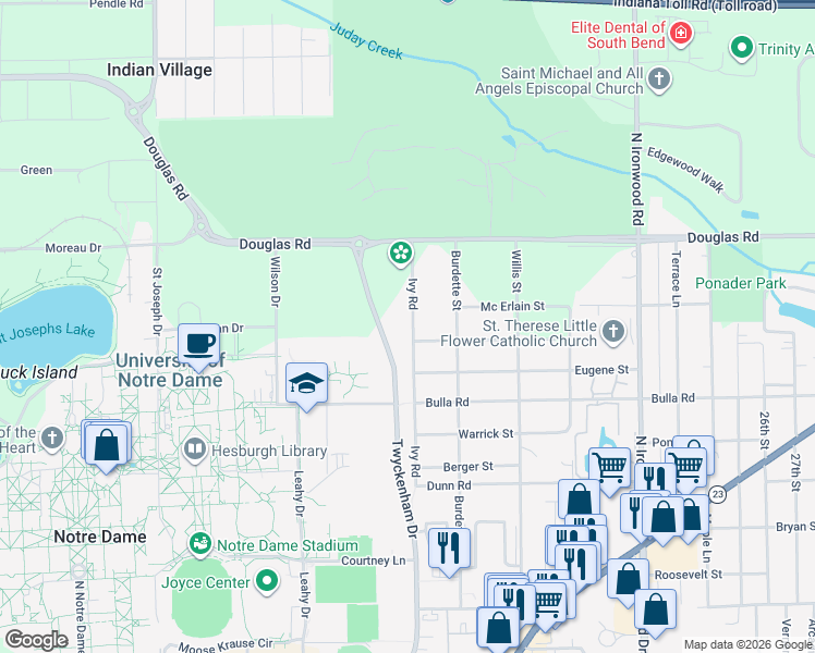 map of restaurants, bars, coffee shops, grocery stores, and more near 54001-54179 Ivy Road in South Bend