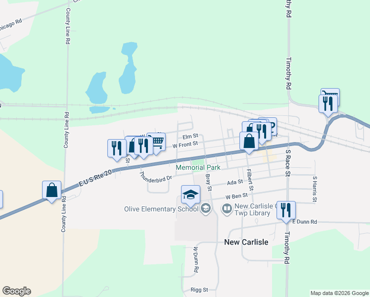 map of restaurants, bars, coffee shops, grocery stores, and more near 406-498 West Front Street in New Carlisle