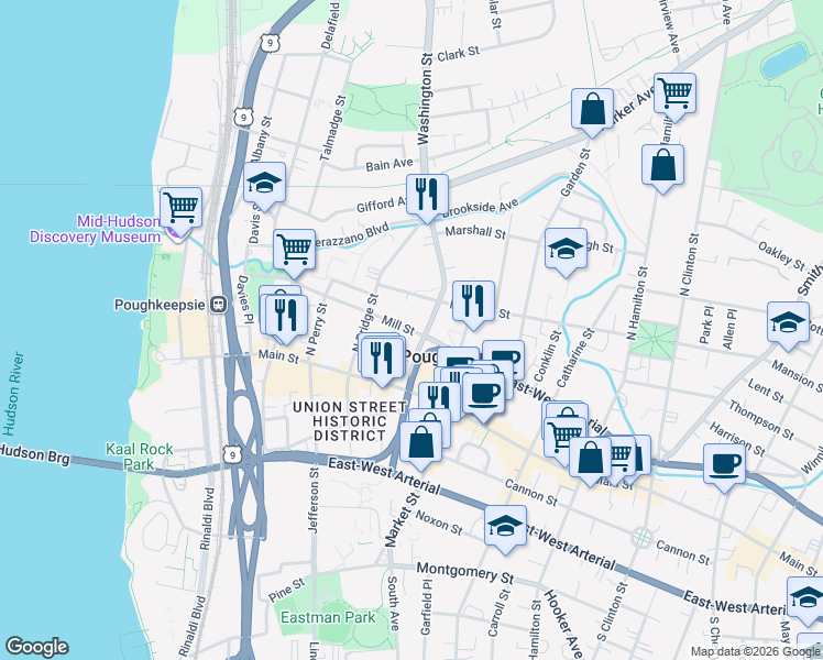 map of restaurants, bars, coffee shops, grocery stores, and more near 225 Mill Street in Poughkeepsie