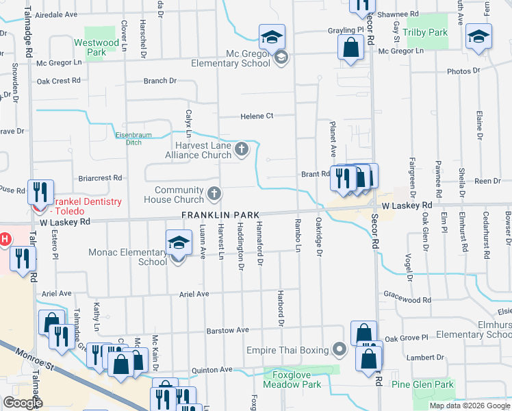 map of restaurants, bars, coffee shops, grocery stores, and more near 3605 West Laskey Road in Toledo