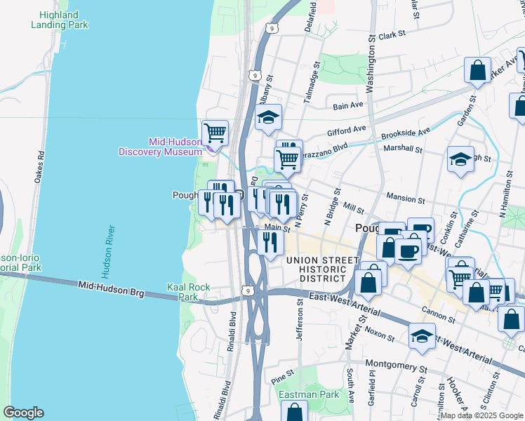 map of restaurants, bars, coffee shops, grocery stores, and more near 14 Davies Place in Poughkeepsie
