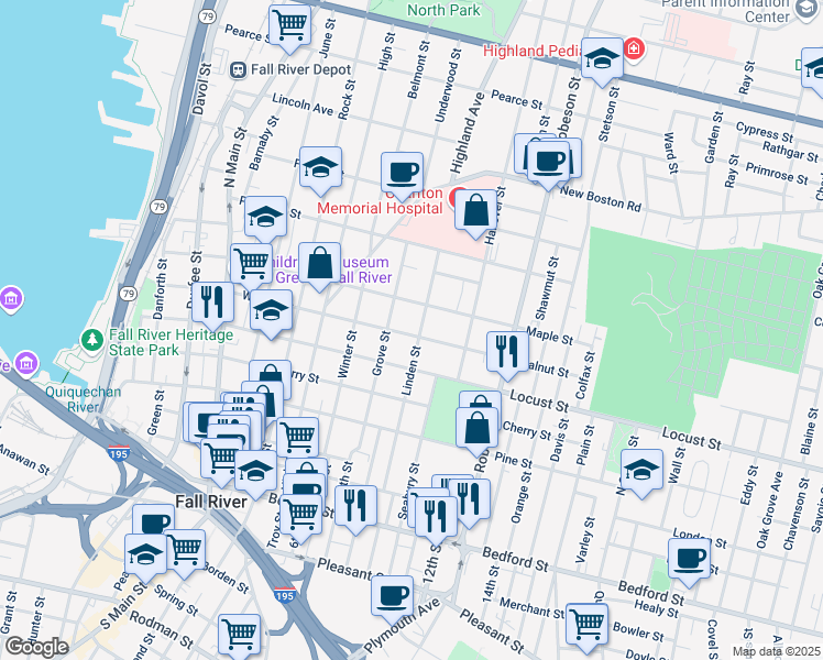 map of restaurants, bars, coffee shops, grocery stores, and more near 599 Walnut Street in Fall River