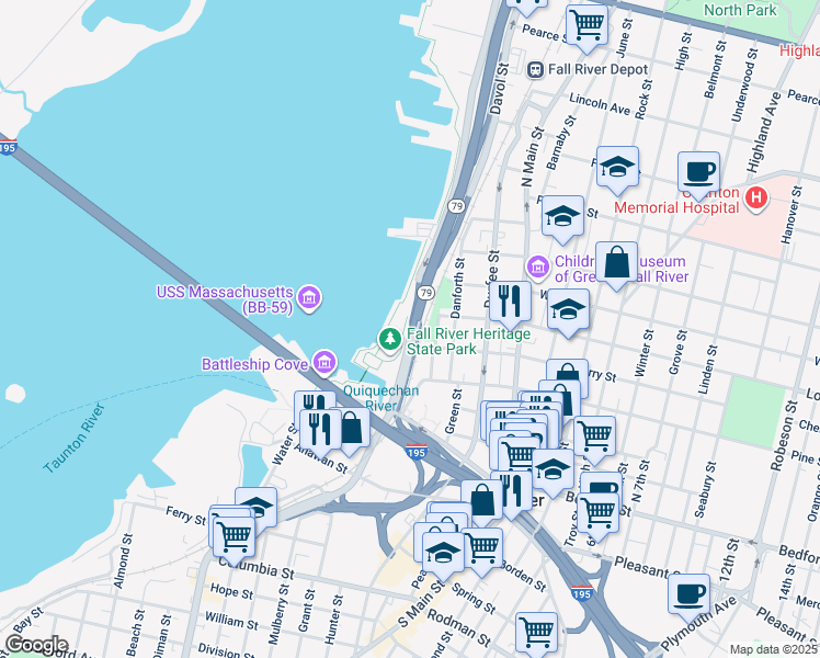 map of restaurants, bars, coffee shops, grocery stores, and more near 27 Cherry Street in Fall River