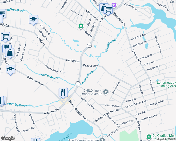 map of restaurants, bars, coffee shops, grocery stores, and more near 1540 West Shore Road in Warwick
