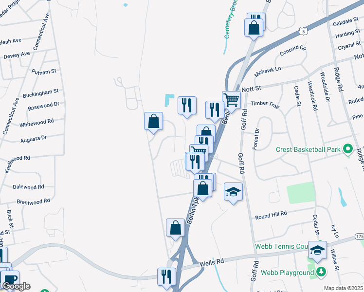 map of restaurants, bars, coffee shops, grocery stores, and more near 23 Tanner Crossing in Wethersfield