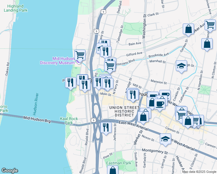 map of restaurants, bars, coffee shops, grocery stores, and more near 11 North Clover Street in Poughkeepsie