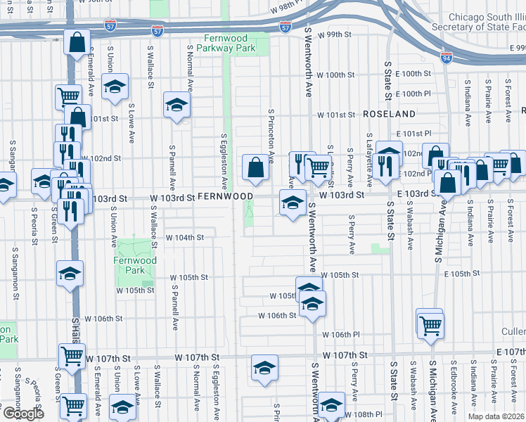 map of restaurants, bars, coffee shops, grocery stores, and more near 321 West 103rd Place in Chicago