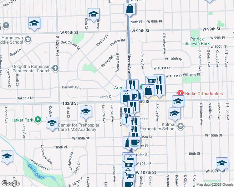 map of restaurants, bars, coffee shops, grocery stores, and more near 4845 Lamb Drive in Oak Lawn