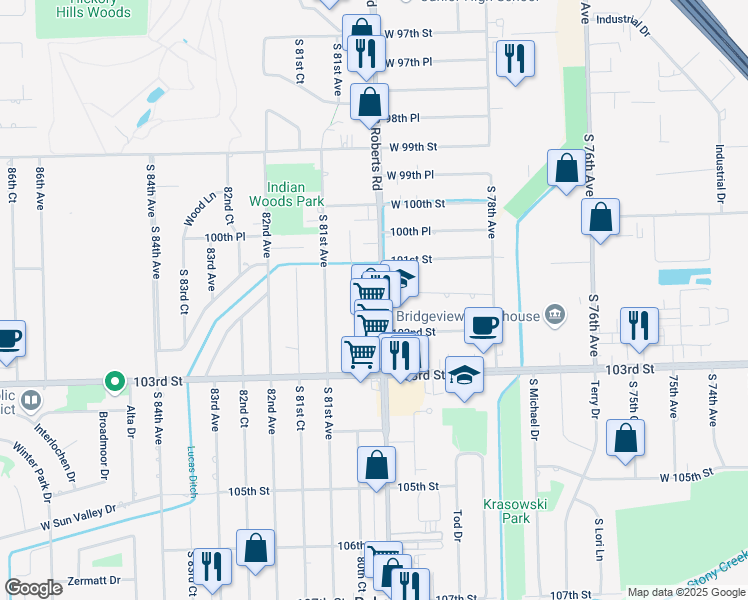 map of restaurants, bars, coffee shops, grocery stores, and more near 10144 South Roberts Road in Palos Hills