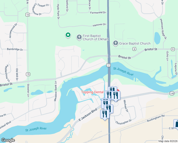 map of restaurants, bars, coffee shops, grocery stores, and more near in Elkhart
