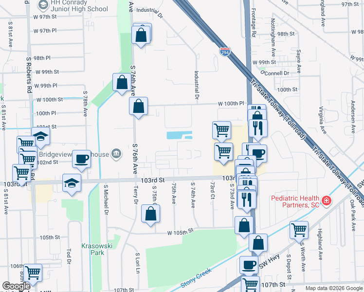 map of restaurants, bars, coffee shops, grocery stores, and more near 10215 Camden Lane in Bridgeview