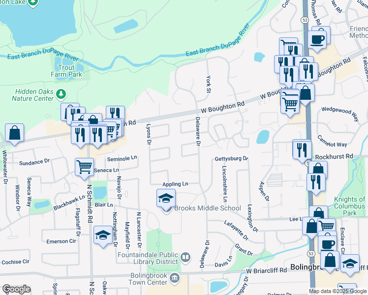 map of restaurants, bars, coffee shops, grocery stores, and more near 309 Musial Circle in Bolingbrook