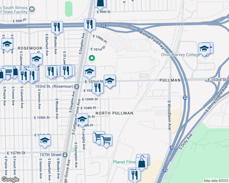map of restaurants, bars, coffee shops, grocery stores, and more near 10402 South Maryland Avenue in Chicago