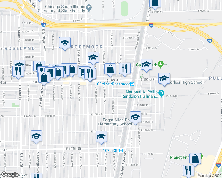 map of restaurants, bars, coffee shops, grocery stores, and more near 10330 South Rhodes Avenue in Chicago