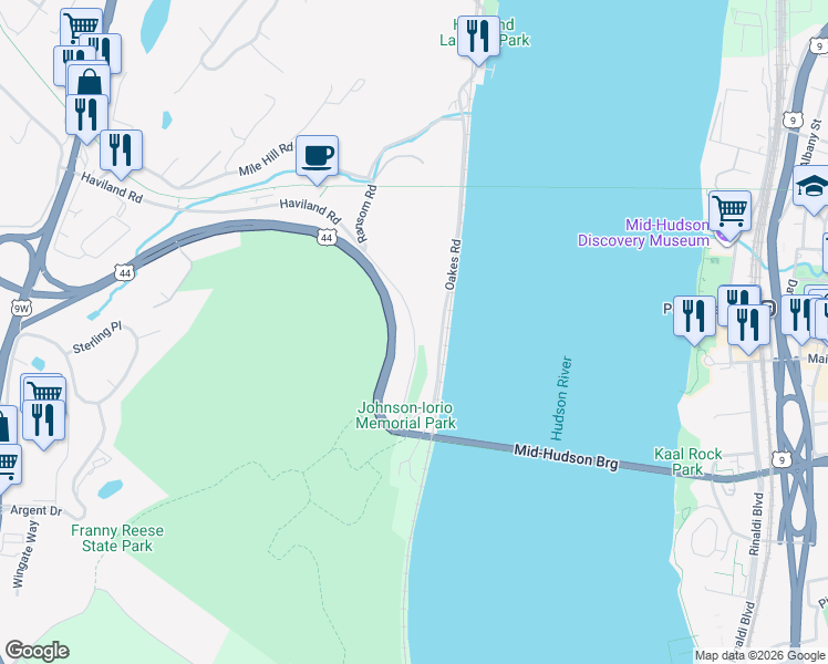 map of restaurants, bars, coffee shops, grocery stores, and more near 202 Haviland Road in Highland