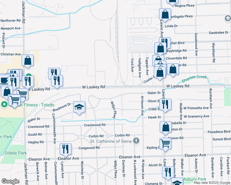 map of restaurants, bars, coffee shops, grocery stores, and more near 1256 Slater Street in Toledo