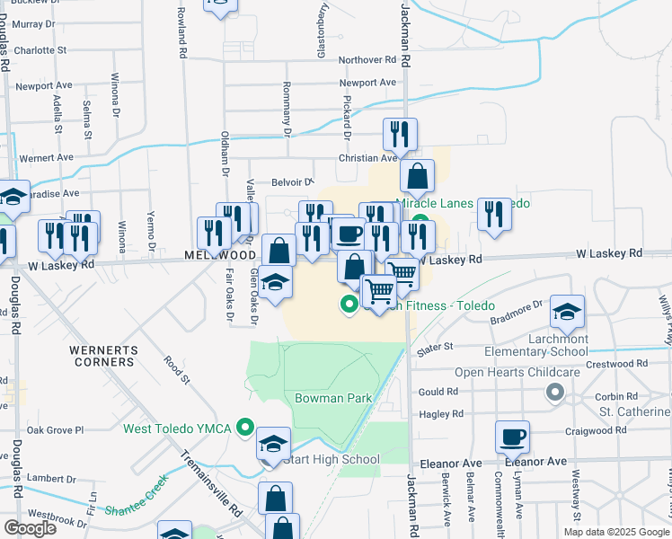 map of restaurants, bars, coffee shops, grocery stores, and more near 1831 West Laskey Road in Toledo