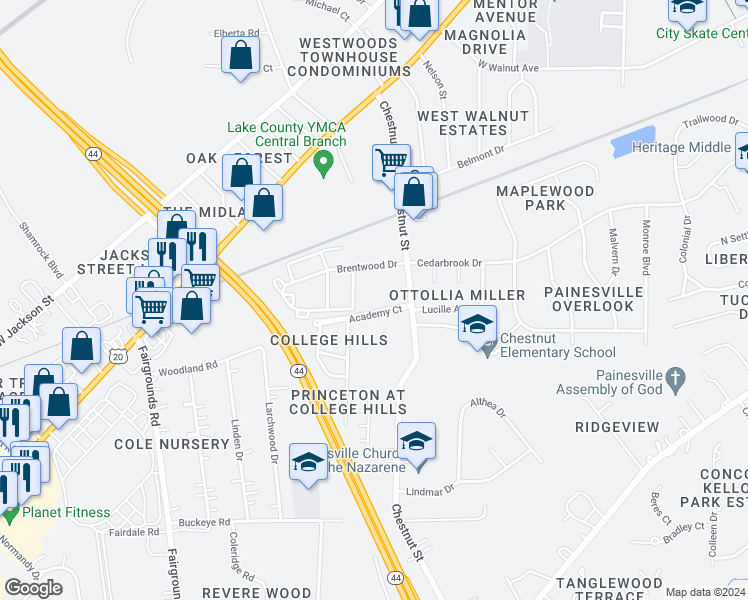 map of restaurants, bars, coffee shops, grocery stores, and more near 850 Academy Court in Painesville