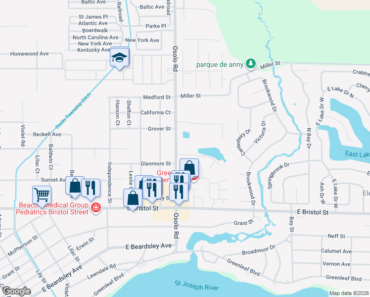 map of restaurants, bars, coffee shops, grocery stores, and more near 2007 Raintree Drive in Elkhart