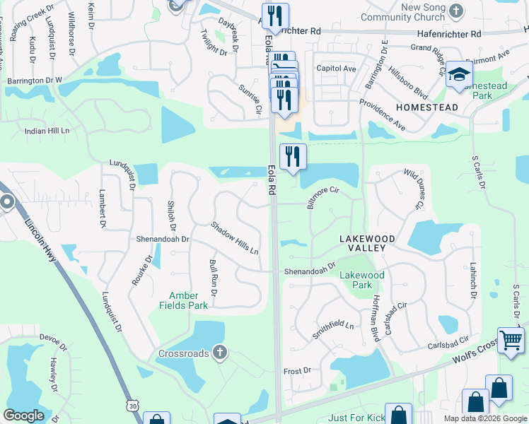 map of restaurants, bars, coffee shops, grocery stores, and more near 2393 Shiloh Drive in Aurora
