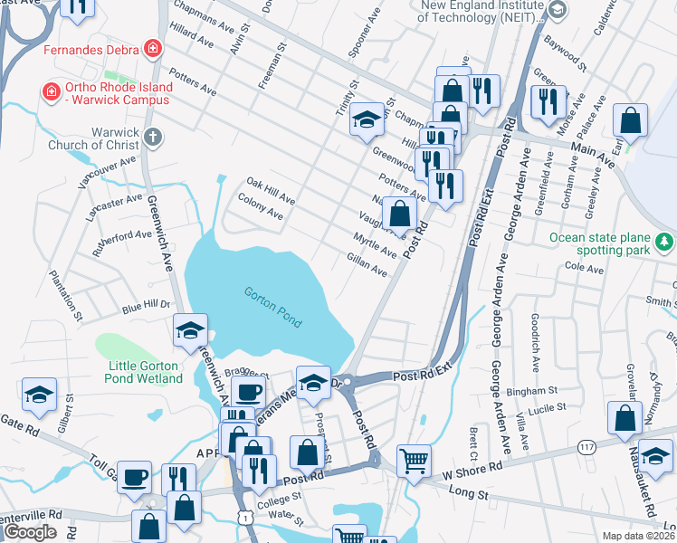 map of restaurants, bars, coffee shops, grocery stores, and more near 30 Lodi Court in Warwick